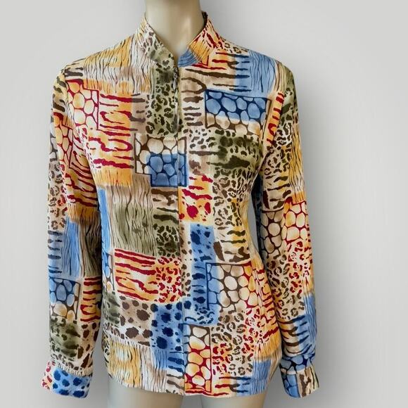 Alfred Dunner Zip Up Lightweight Bomber Jacket Abstract Blouse Size 8 Multicolor - Picture 1 of 16